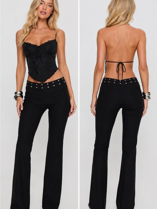 Princess Polly Pants - Princess Polly Black Stud-Trim High-Rise Flare Pants